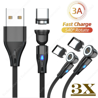 3X USB Magnetic Charger Type C Cable 540° Rotate For Samsung iPhone 15 16 16e 17