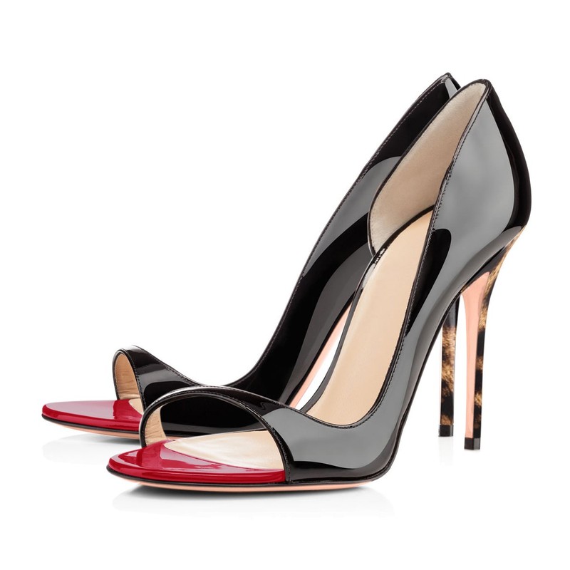 Women Black Patent Leather Open Toe Stiletto Heels Evening Party Mules Pumps