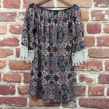 Win Win Tunic Top Womens Large XL Multicolor Floral Abstract Casual Shirt