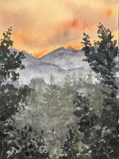 Mountain landscape original watercolor painting signed 9 x 12 inches