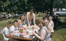 Family Picnic 1957 Table Vintage Food Advertising Red Border Kodachrome Slide