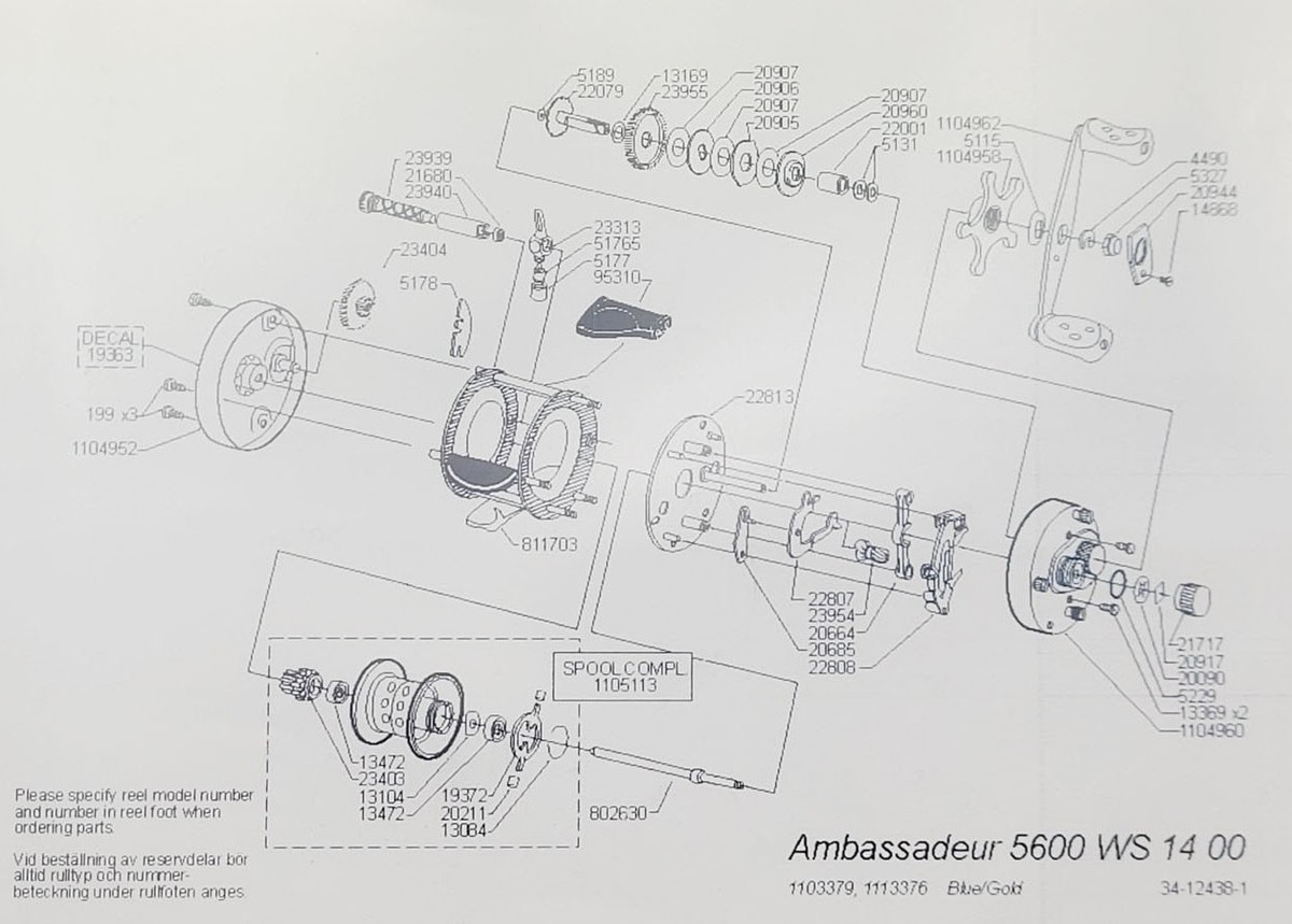 Abu Garcia Ambassadeur 5600 WS Reel Parts - 6.3:1 Gear Set, Drag Washers,  Shaft