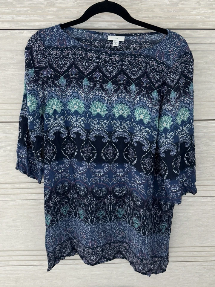 Top túnica boho floral para mujer J. Jill talla mediana ligero azul transparente resort Foto 2 de 4