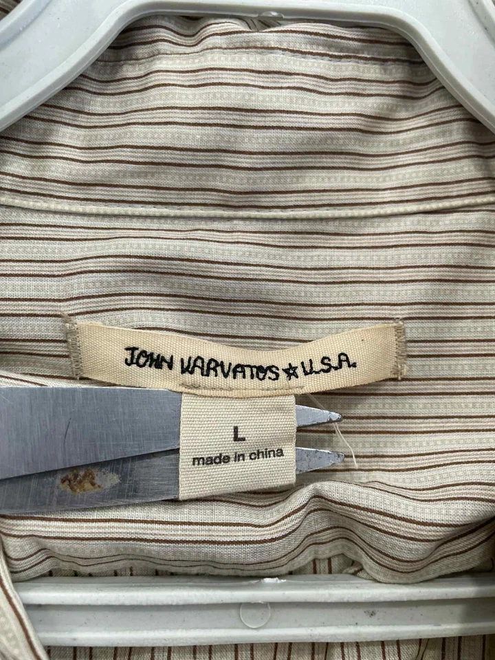Camisa abotonada a rayas beige marrón talla L #C7 John Varvatos U.S.A. para hombre Foto 3 de 4