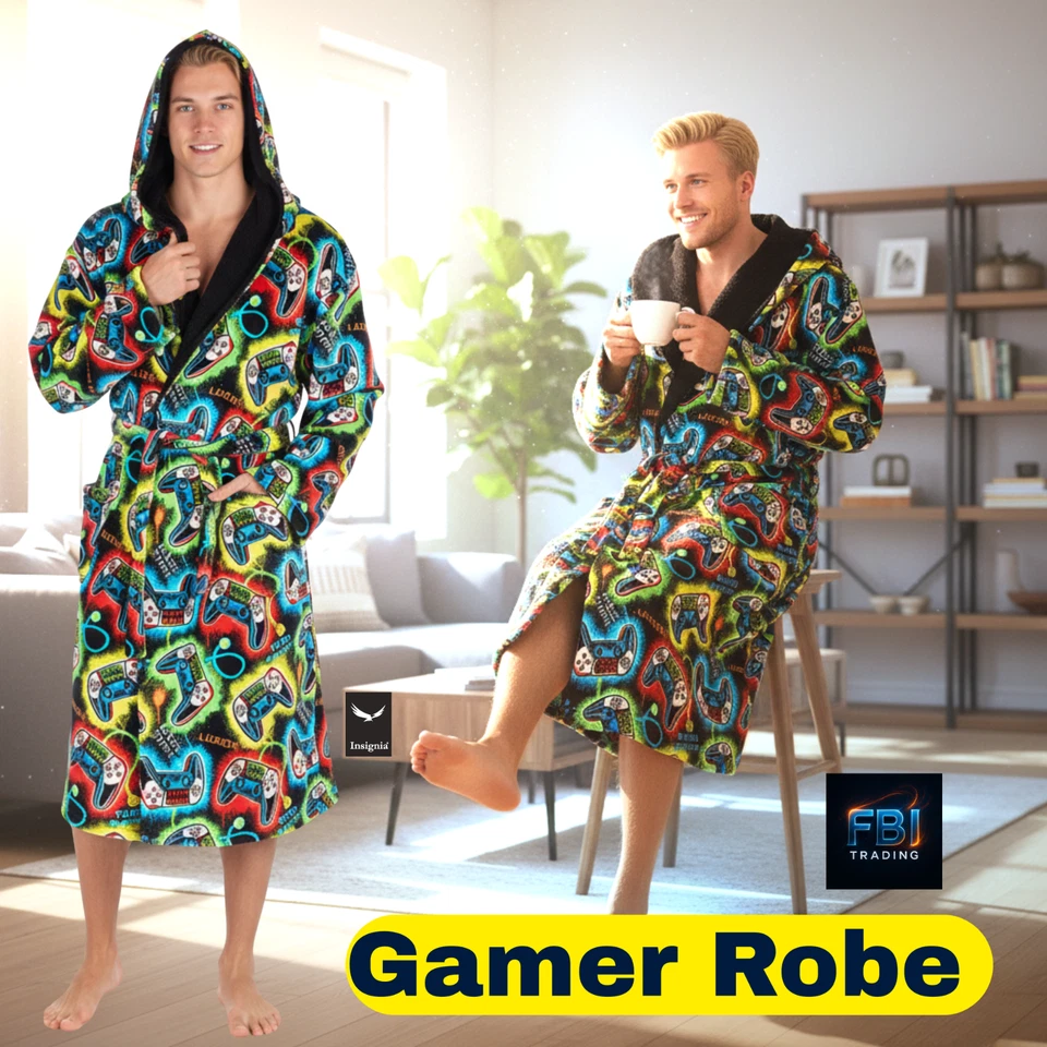 MENS Men’s Hooded Fleece Dressing Gown Gamer Design Bathrobe Gift Christmas Birthday