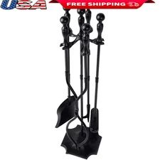 Black Fireplace Tool Set 5 Piece Wrought Iron Heavy Duty Broom Shovel Poker New