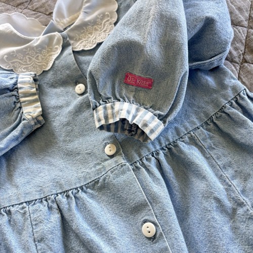 Vintage Oshkosh Denim Bubble Jumpsuit Romper 4T Peterpan Collar Pockets USA 90s - Picture 20 of 24