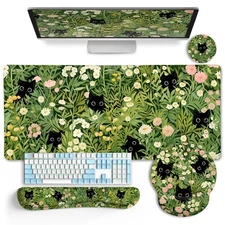 Cat Ergonomic Mouse Pad with Wrist Rest Desk Mat Set, Green Gaming Mouse Pad ...