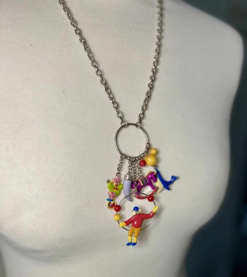 Vintage Circus Theme Charm Necklace Clown Seal Horse Enamel Statement - Image 3 of 4