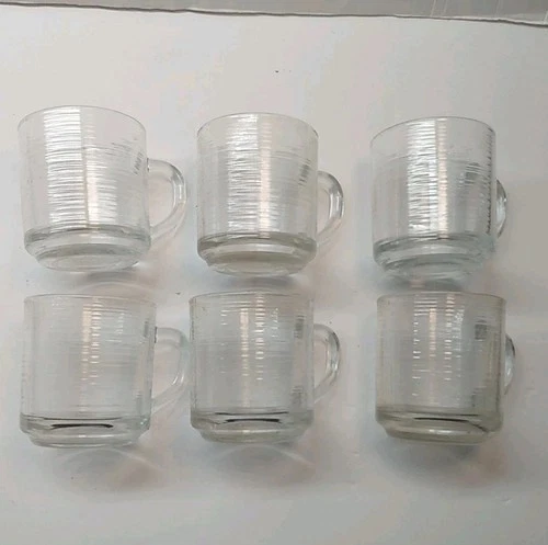 Set of 6 Clear Glass Coffee/Tea Mugs Cups Vintage Heavy Ribbed Numbered MCM
