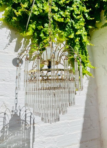 29 x 12" Petite Antique Italian Chandelier, Gold Stripe Glass Prisms, Hollywood