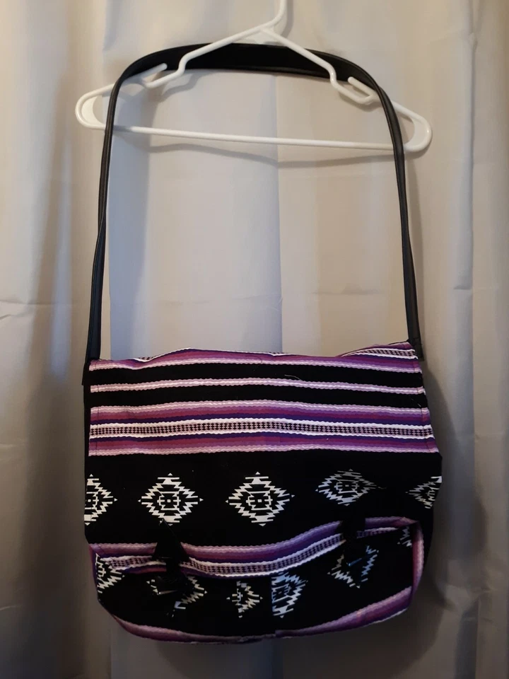 New Southwestern Aztec Western Crossbody Messenger bag Sarape Black Purple - Imagem 2 de 4