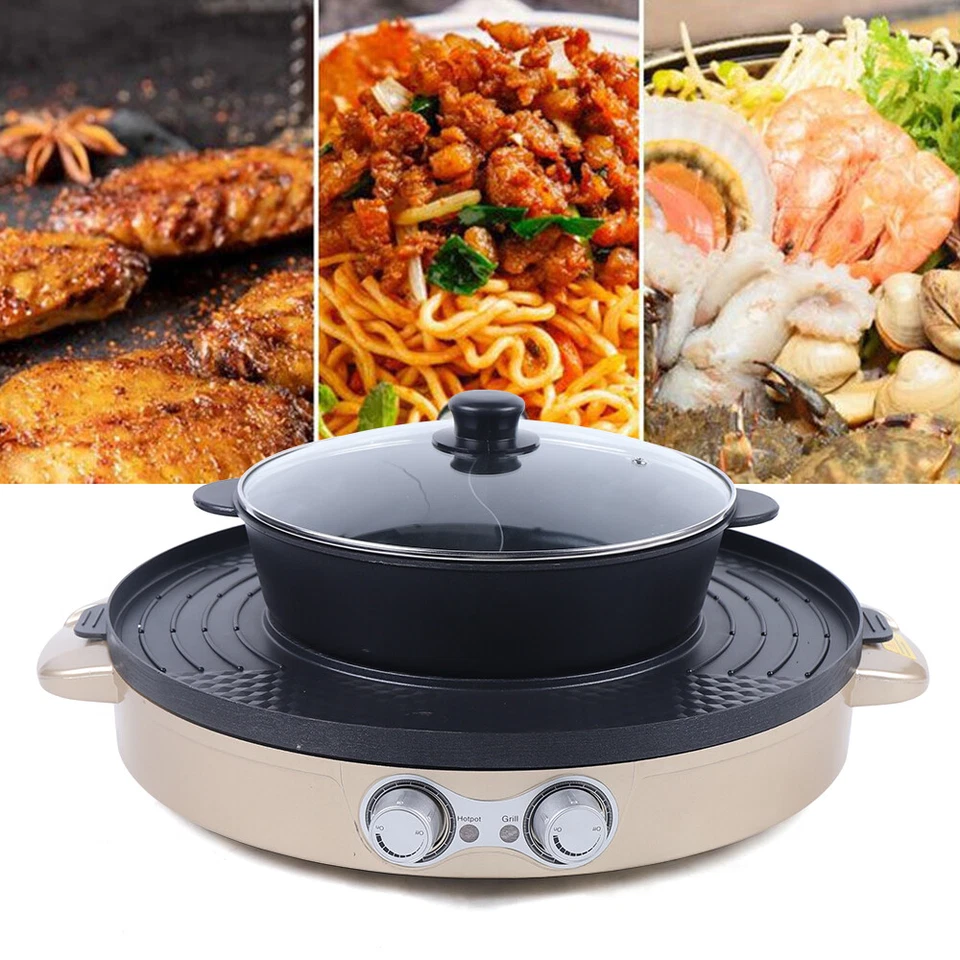 2 in1 Multifunction Hot Pot BBQ Double Electric Skillet Smokeless Non Stick DE - Image 3 of 4