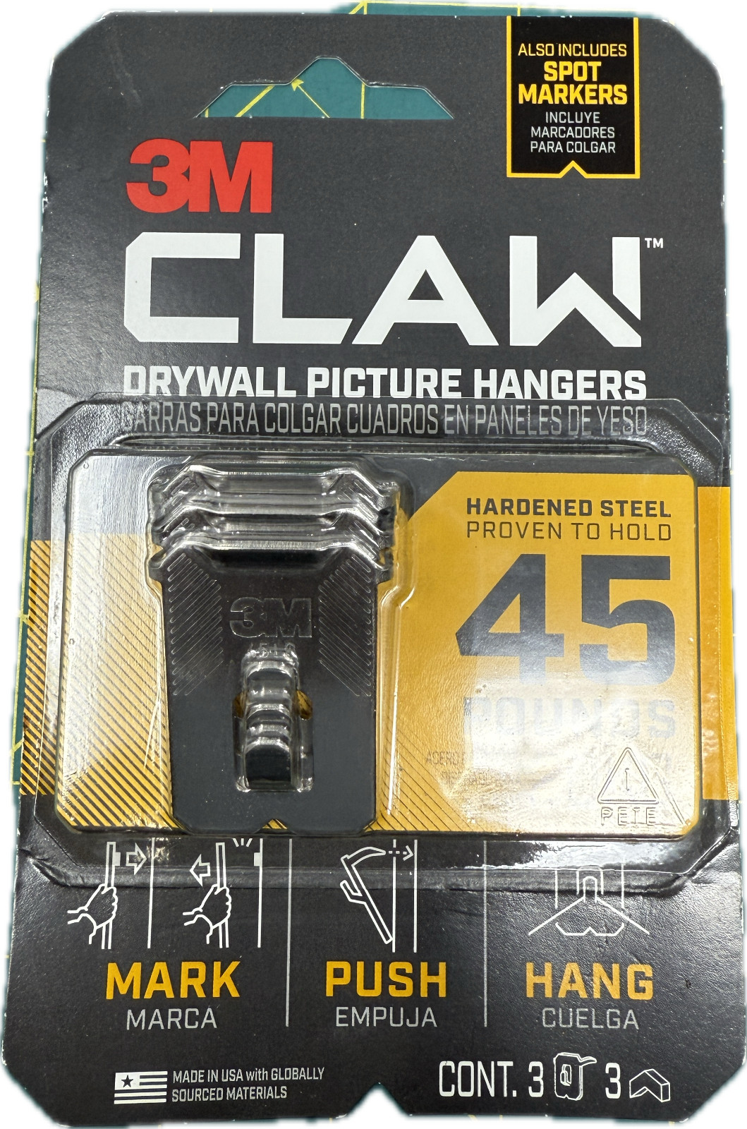 NEW 3M CLAW DRYWALL PICTURE HANGER W/TEMPORARY SPOT MARKER 3 HANGERS+3 MARKERS