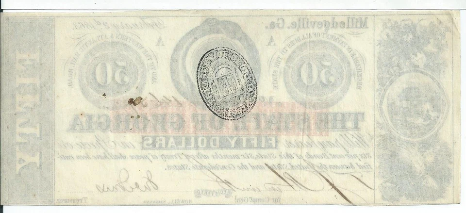 $50 1863 Georgia Milledgeville Error Misaligned Red Overprint #14659 Rattlesnake - Image 2 of 3