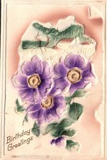 Vintage Postcard 1914 Birthday Greetings Embossed Violets With Line Border