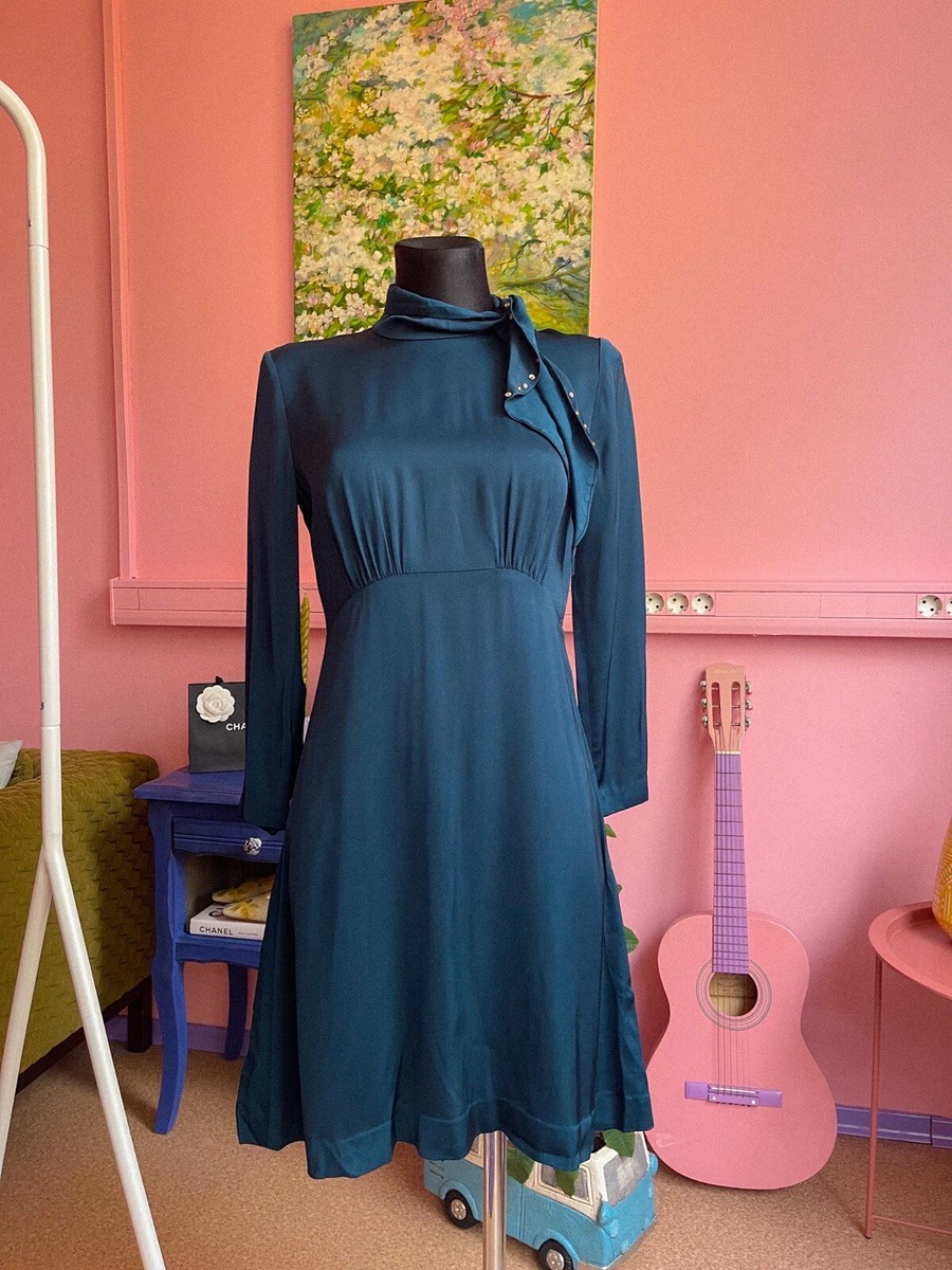 SANDRO Paris Women's Dress Electric Blue Satin Pussycat Bow Sz 34 - Main Image