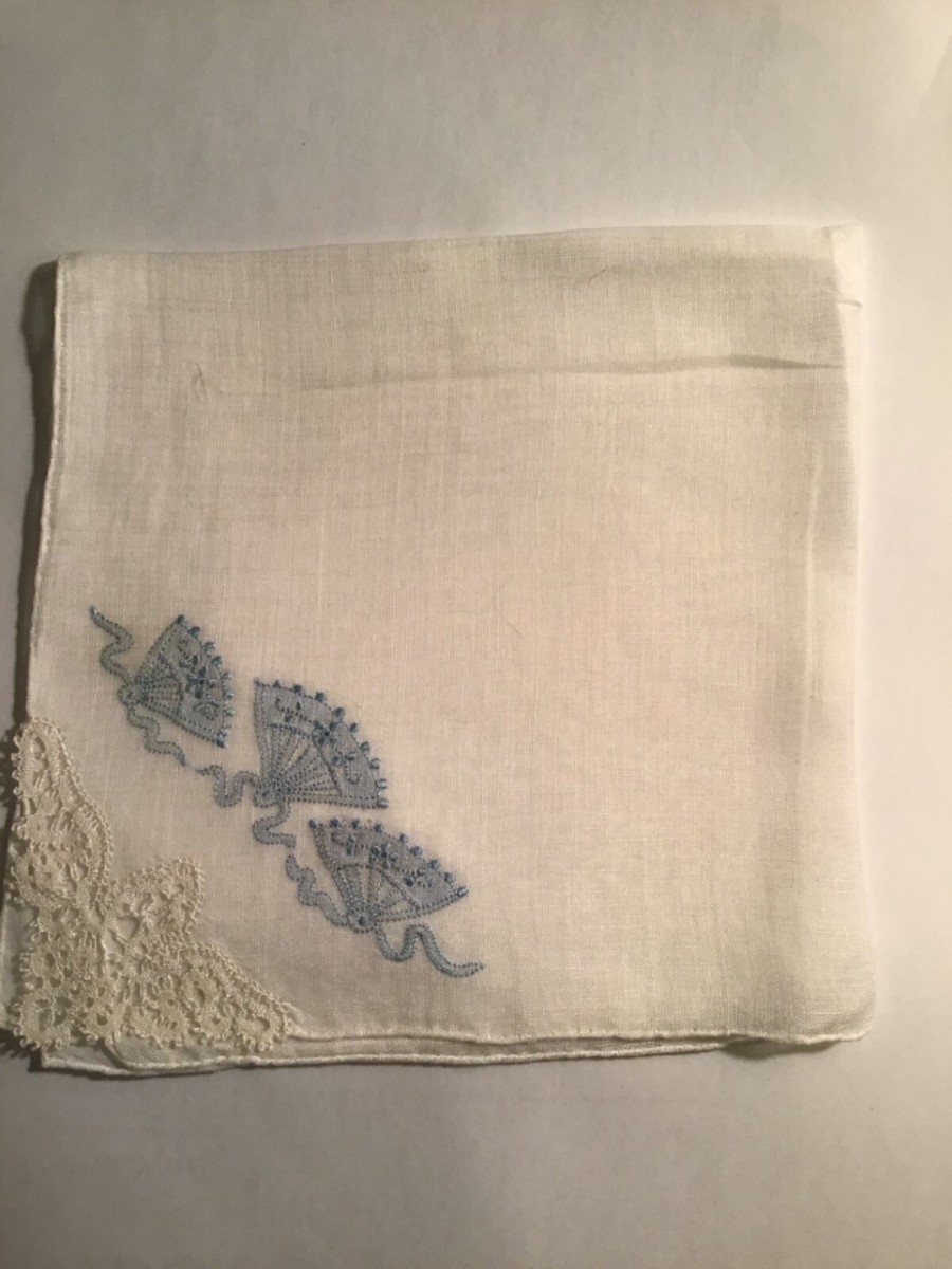 Vintage blue on white embroidered applique fans linen handkerchief