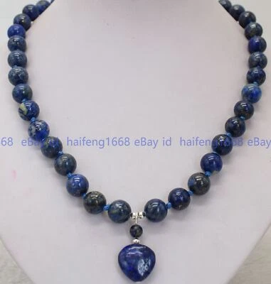 Natürlich 8/10mm Lapislazuli Edelstein Rund Perlen &16mm Herz Anhänger Halskette - Bild 1 von 4