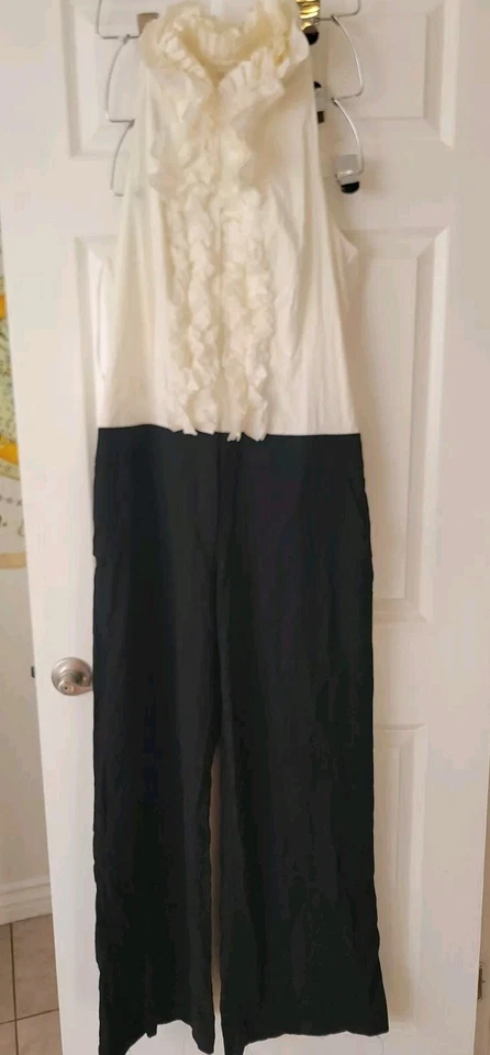 BCBG Maxazria Pantalón Pierna Ancha Mono Talla 12 Volantes Sin Mangas Blanco/Negro Foto 2 de 4