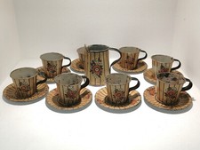 DINETTE ANCIENNE SERVICE A CAFÉ CAFETIERE, 8 TASSES et SOUCOUPES lithographiées