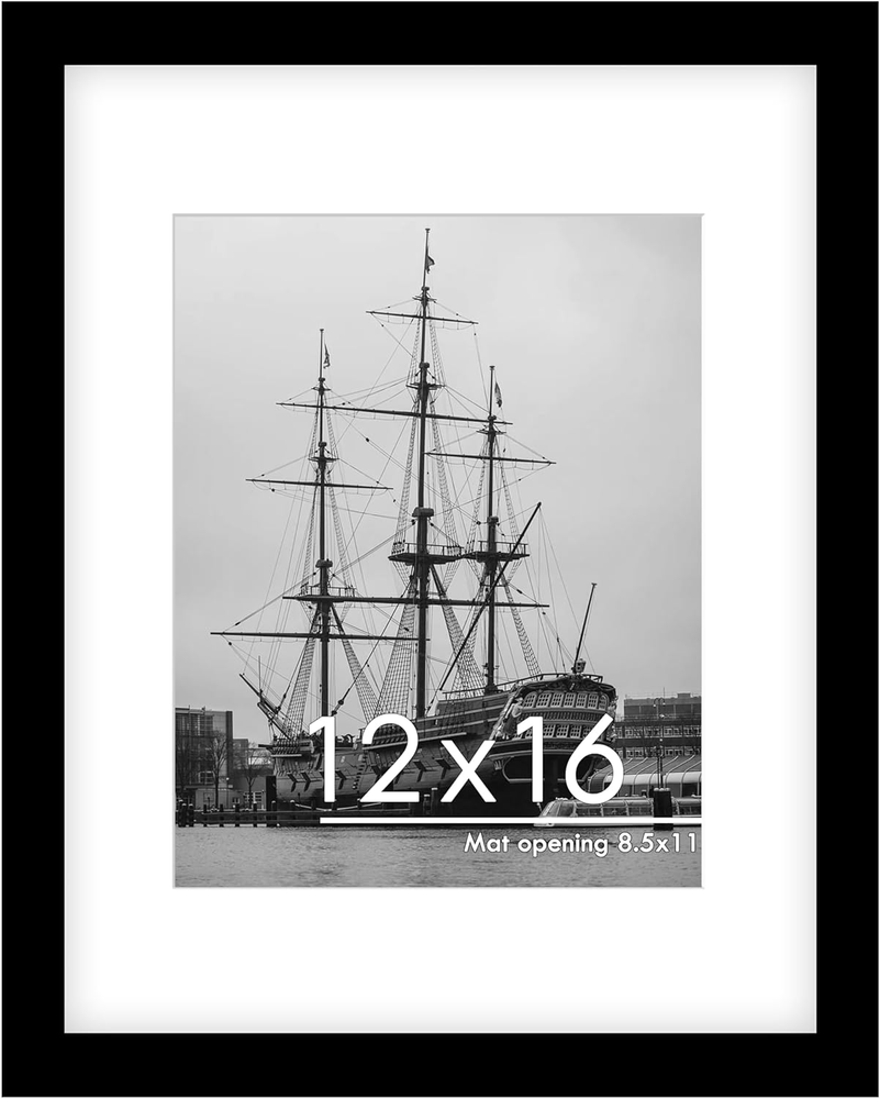 12X16 Picture Frame Black, Display Pictures 8.5X11 with Mat or 12 X 16 without M