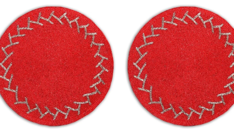Set Of 6 Red Placemat Valentines Beaded Tablemat Designer Charger Plate 13X13 In - Image 3 of 4