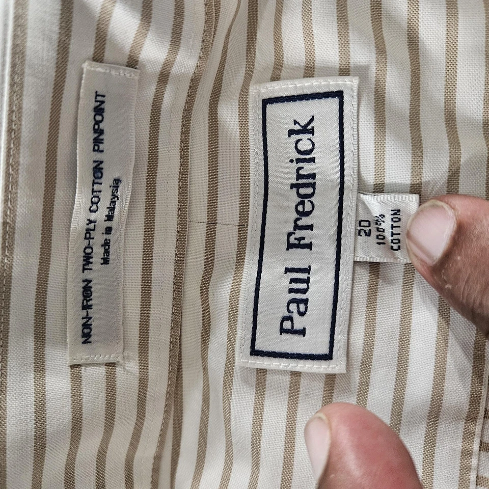 Camisa Paul Fredrick Para Hombre 20 Beige Blanco Rayas Manga Corta Sin Hierro Pinpoint Foto 3 de 4