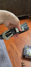 Vintage Western Ranger Belt Smooth Black Leather Floral Silver 3 Pc Buckle Size