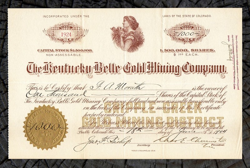 1904 CRIPPLE CREEK COLORADO ⛏️ Kentucky Belle Gold Mining Co. Stock RAVEN HILL