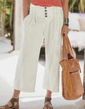 Sundance Villa Linen Blend Wide Leg Cropped Pants Cream Button Fly Pleated size4