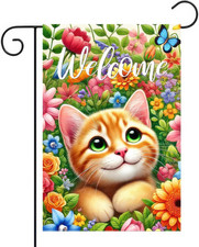 Spring Cat Garden Flag 12X18 Inches Double Sided Cute Colorful Floral Sunflower