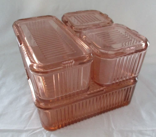 Vintage Federal Pink Depression Glass Refrigerator Dish Set + Lids, Ribbed, 8 pc