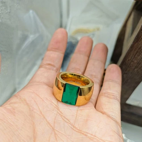Vintage 18K Gold Plated Green Emerald Cut Wide Band Ring