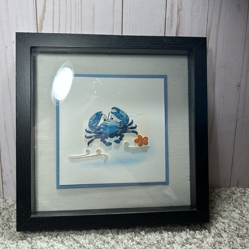 Framed Quill Card Blue Crab Shadowbox Frame 10" x 10" Wall Art Sea Décor