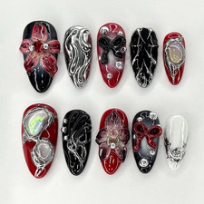 24Pcs Medium Almond Press on Nails Y2K Gothic 3D Flower Fake Nails Black Red Pun
