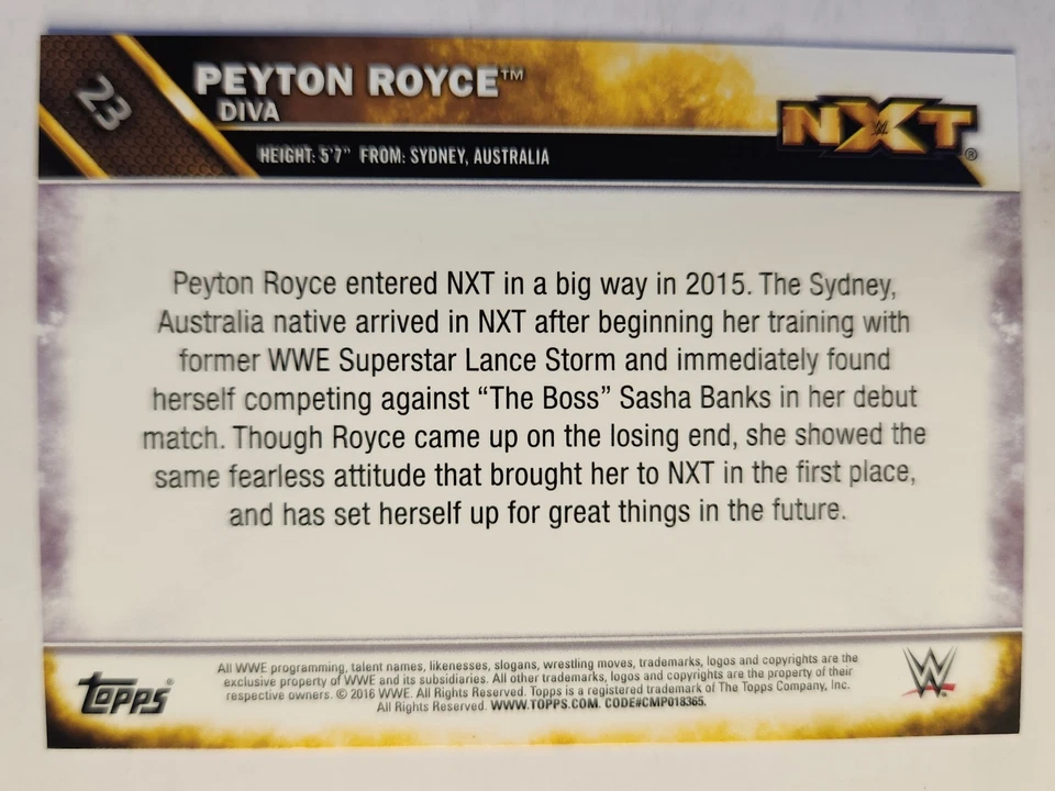 2016 Topps WWE NXT #23 PEYTON ROYCE 1st CARD (RC) ROOKIE - Image 2 of 2