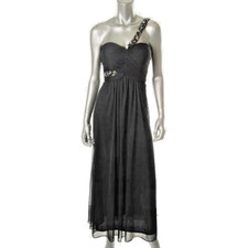 XSCAPE ~ Navy Chiffon One Shoulder Embellished Sweetheart Gown 4 NEW $179