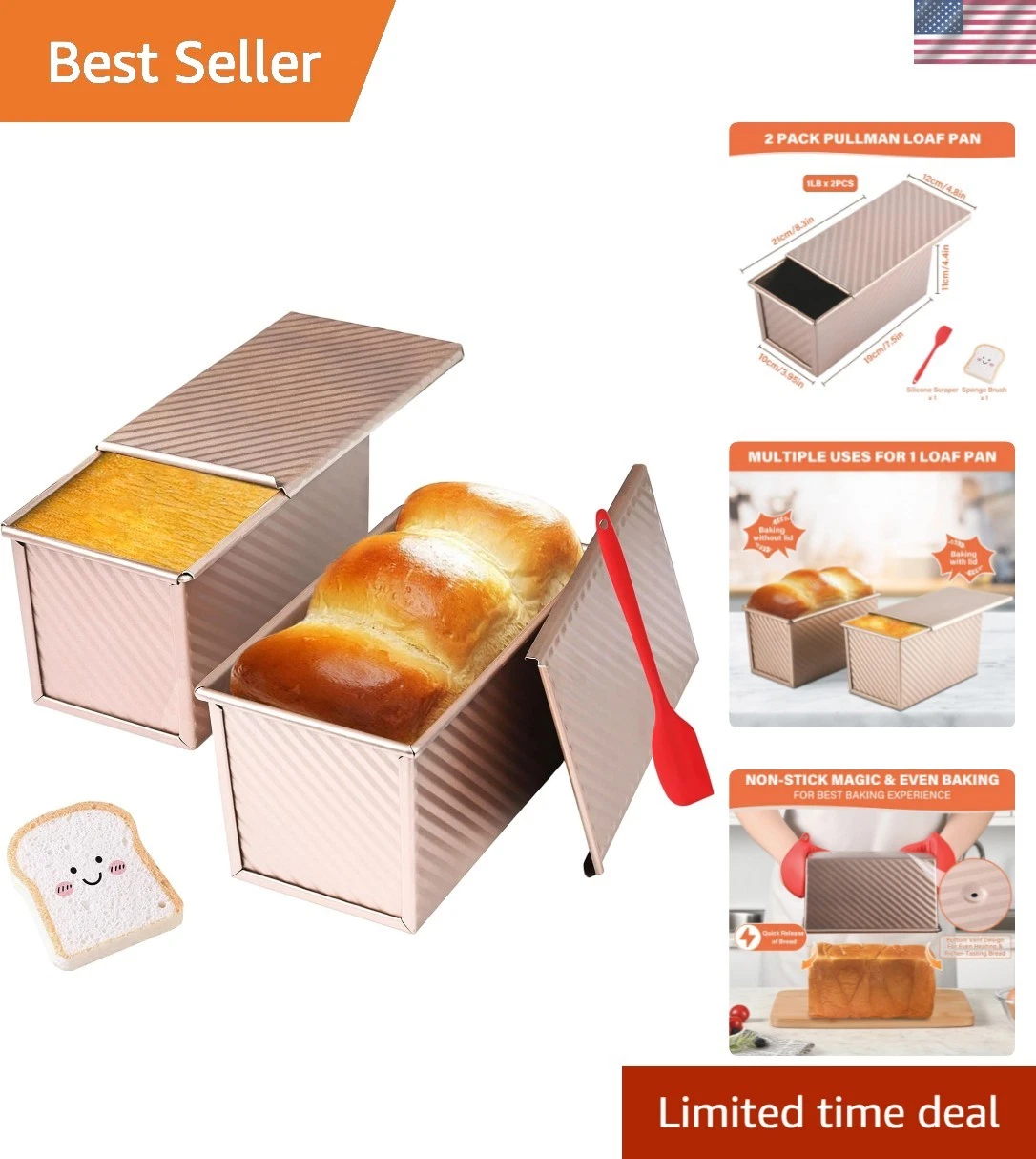 Versatile Non-Stick Pullman Loaf Pan Set with Lid - Ideal for All Breads, 1 lb