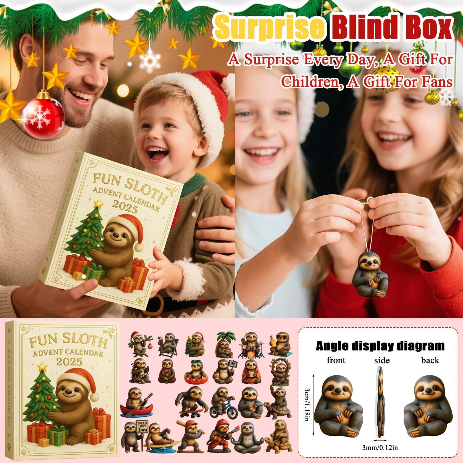 Christmas Countdown Fun Sloth Advent Calendar 24 Days of Festive 2D Blind Boxes