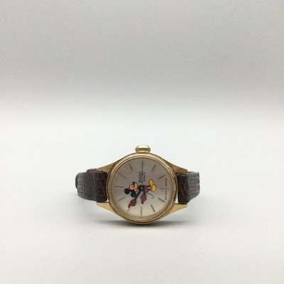 Vintage Bulova Womens Watch 21mm Mickey Mouse Dial Brown Leather