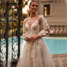Tulle A Line Wedding Dress Lace Applique Backless Bride Gowns Sweep Train