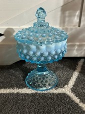 Vintage Fenton Glass Blue Opalescent Hobnail Lidded Candy Dish Compote Footed