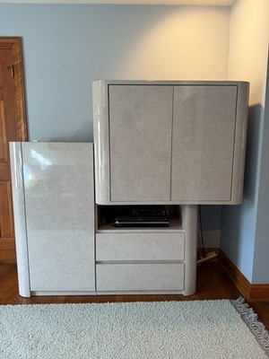 Vintage Postmodern Faux Stone Laminate Cantilevered Media Cabinet