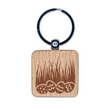 Easter Eggs in Grass Engraved Wood Square Keychain Tag Charm