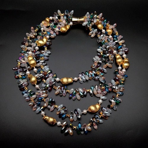 4 Strands Crystal Brushed Bead Pearl Statement Necklace Jewelry For Women Girls - Picture 6 of 6