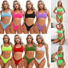 Women Two-Piece Bikini Set Bra Crop Top with Low Rise Brief Thong Swimwear Pool