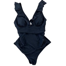NWT Black ruffle neck detail ruched sides one piece swimsuit size large