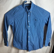 US Polo Association Men Shirt Large Button Down Collar L/S Blue Check Pocket
