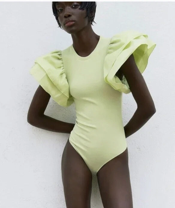 Zara Ruffle Sleeve Bodysuit Green Womens Size S M Cotton Stretch Short Sleeve